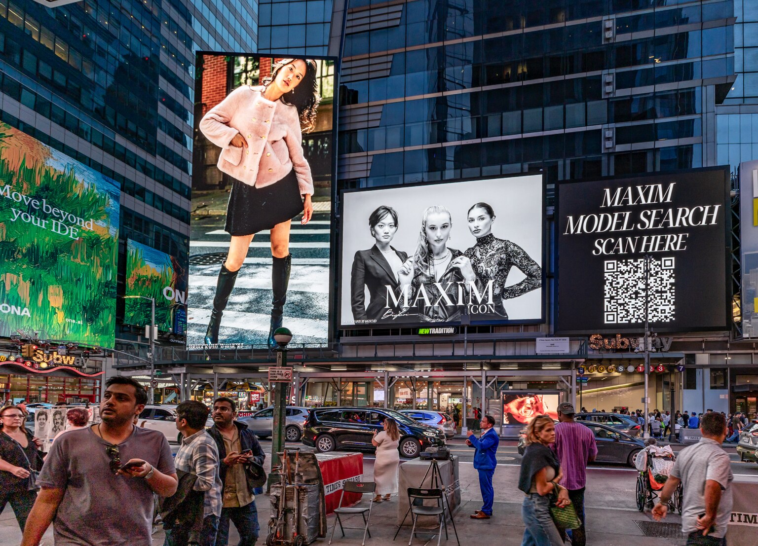 Amanda Metzger featured on a Times Square digital billboard, Maxim Next campaign